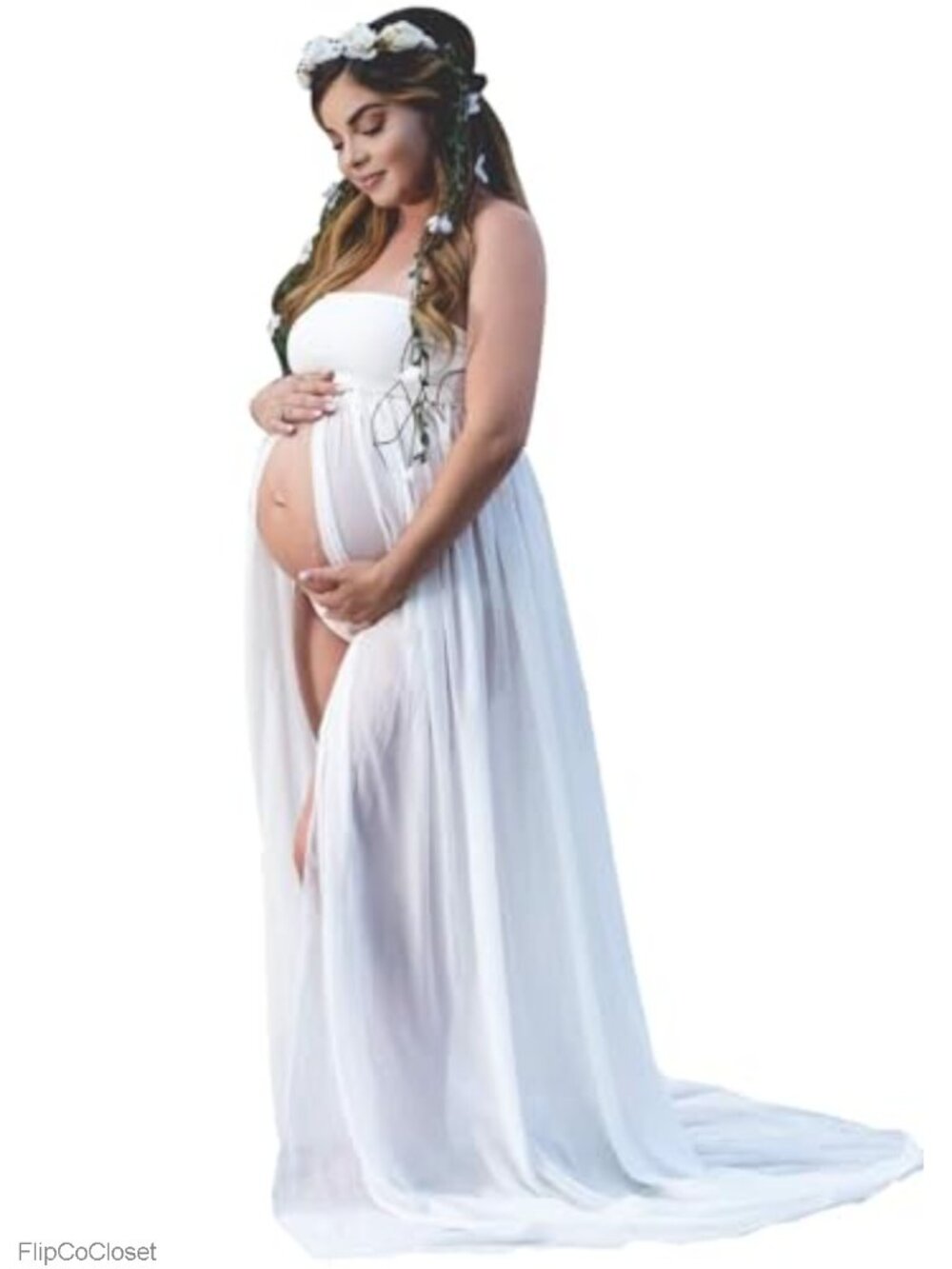Maternity Photoshoot Dress Off Shoulder Tube Top Sheer Chiffon Long Train